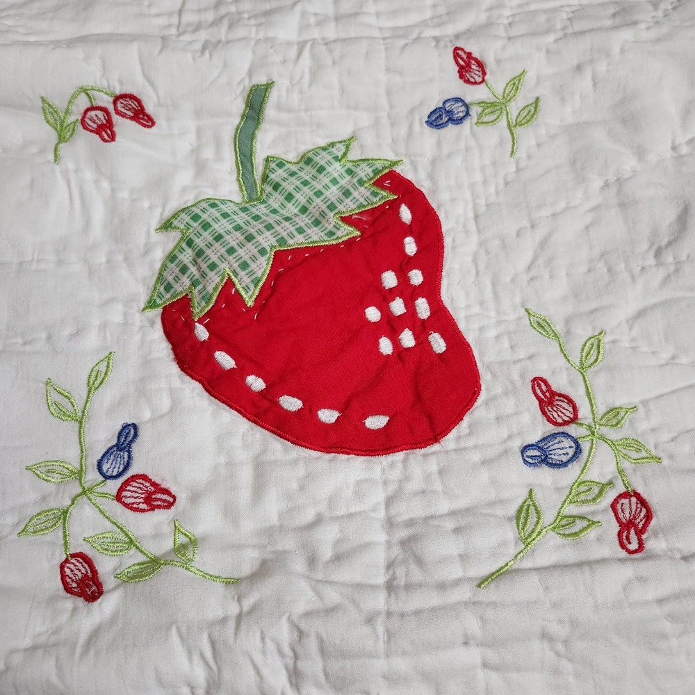 Vintage Handmade Embroidered Strawberry Pillow Patchwork Sham. Set of Two.